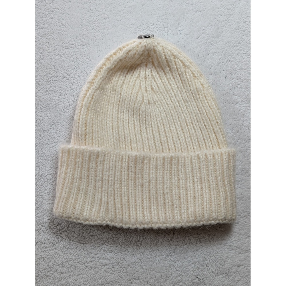 Anthropologie Cream Ribbed Knit Beanie Ivory Wool Blend Winter‎ Hat Snap Top
